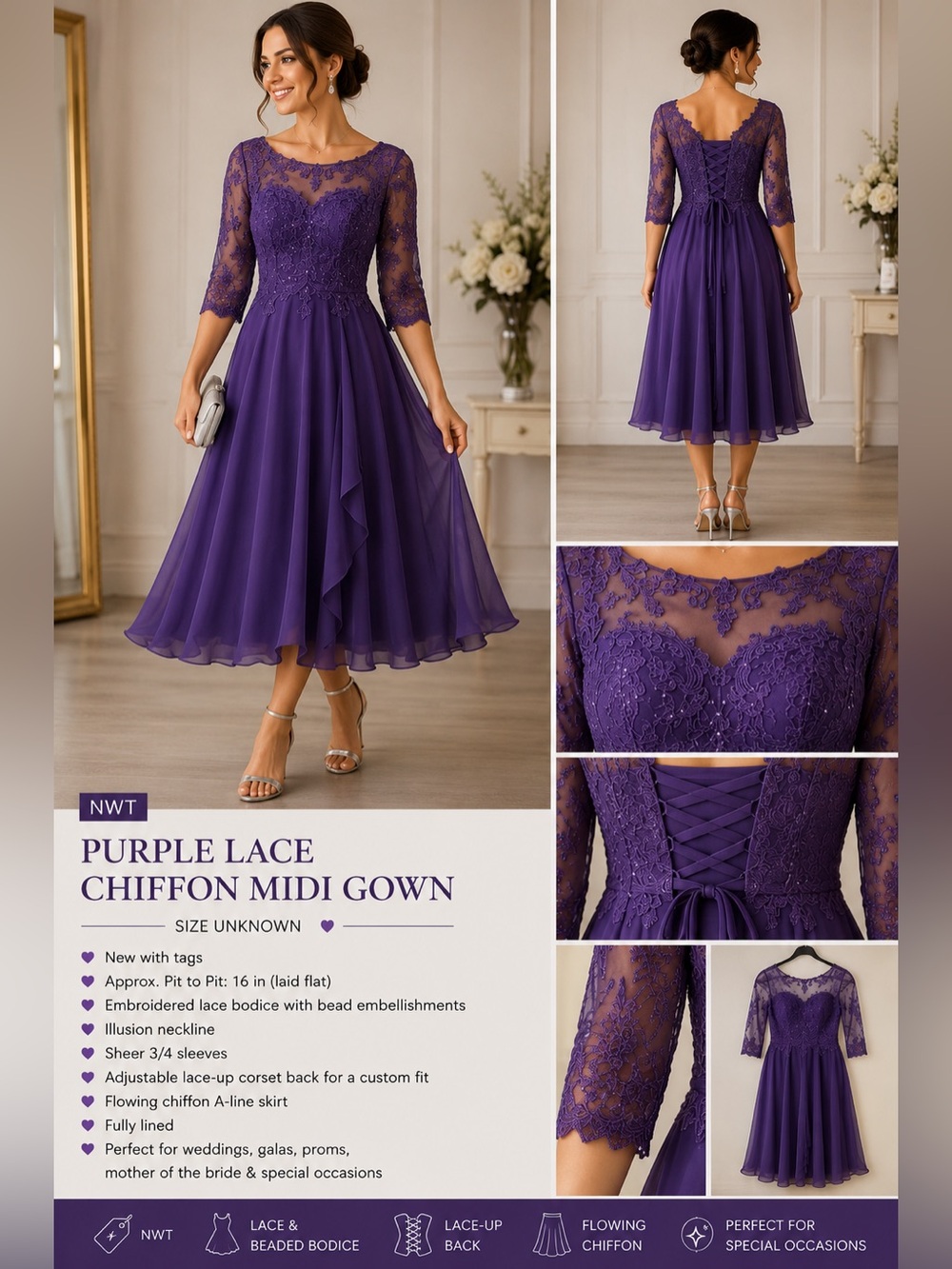 NWT Purple Lace Chiffon Formal Gown | Lace-Up Back | Beaded Evening Dress |